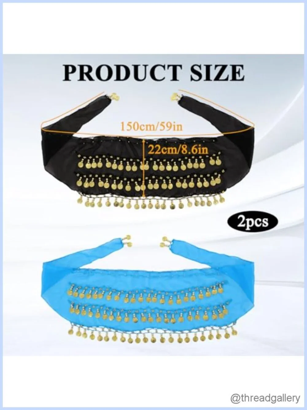 Set of 2 Belly Dance Hip Scarves with Sequin Coins, Lightweight Chiffon,